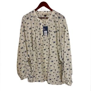 Universal Thread Womens Top Large White Blue Floral Blouse Balloon Sleeve